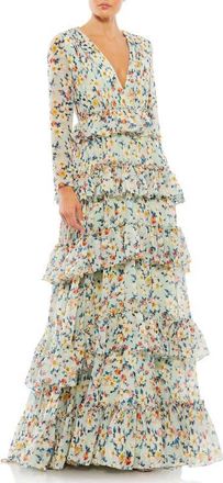 Mac Duggal Floral Printed Tiered Ruffle Long Sleeve Gown in Multi at Nordstrom, Size 10