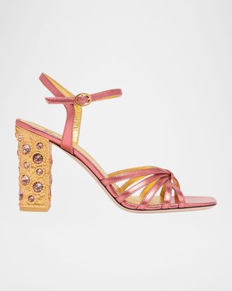 Valentino Garavani 90mm Valenti Embellished-Heel Metallic Leather Sandals