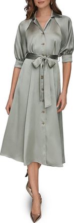 DKNY Short Sleeve Satin Shirtdress in Weathered Sage at Nordstrom, Size 12