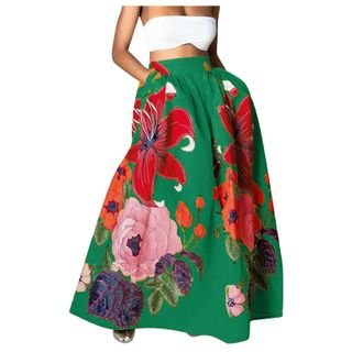 Generic Todays Offers Special Deals Prime Deals Womens Skirts Summer Women Floral Print Skirt High Waist Party Beach Pocket Long Maxi Skirt Elastic Waist Skir