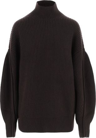 Carven Brown Voluminous-Sleeve Ribbed Cashmere Turtleneck