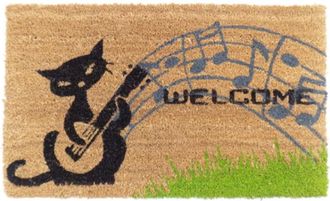 Imports Decor Musical Cat Coir Door Mat, Cute Guitar Cat Coconut Fiber Doormat with Non-Slip PVC Backing, Indoor Outdoor Entrance Rug