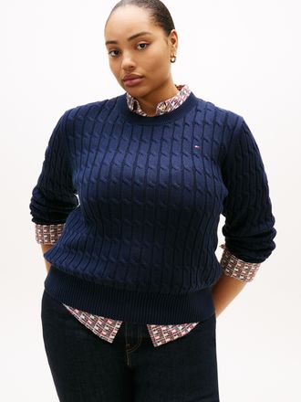 Tommy Hilfiger Rundhalspullover TOMMY HILFIGER CURVE CRV CO CABLE MID GG C-NK LS SWT, Damen, Gr. 46, schwarz night navy, Strick, Obermaterial: 100% Baumwolle, unifar