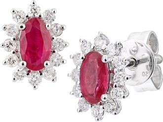 Jewelco London 18ct White Gold 1/4ct Diamond Oval Ruby Cluster Stud Earrings - DE1AXL605W18RU