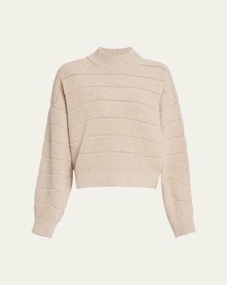 Brunello Cucinelli Mock-Neck Paillette Horizontal Open-Knit Sweater