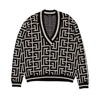 Balmain V Neck Monogram Wool Cardigan, Brand Size 40 (US Size 8)