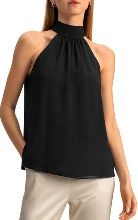 LilySilk Silk Georgette Halter Neck Top in Black at Nordstrom, Size 10