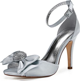 Generic Wedding Shoes Womens High Heels Satin Bridal Shoes Open Toe Stiletto Sandals Ankle Strap Prom Party Dress High Heel 10.5Cm,Silver,7 UK