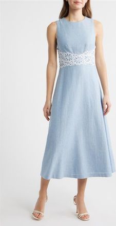 Anne Klein Lace Trim Linen Blend Midi Dress in Lagoon/Crisp White at Nordstrom, Size 14