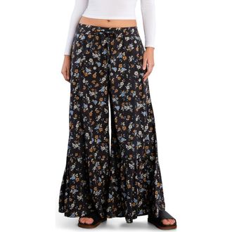 BILLY T Drawstring Waist Tiered Pants in Black Retro Rose at Nordstrom, Size X-Small