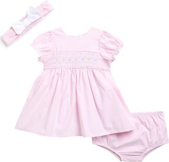Little Me Flower Embroidered Smocked Dress & Headband Set in Pink at Nordstrom, Size 9M