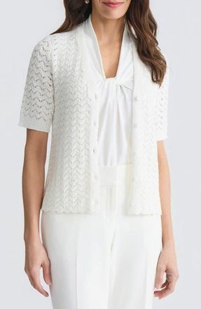 Kasper Texture Stitch Short Sleeve Cardigan in Vanilla Ice at Nordstrom, Size X-Large