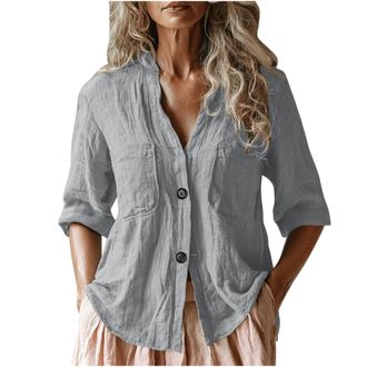 Generic Tops & T-Shirts Summer Cotton Linen Womens Tops Solid Color Cheesecloth Blouses 3/4 Sleeve Clothing Button Down Pullover Casual Loose Fit Shirt for Ho