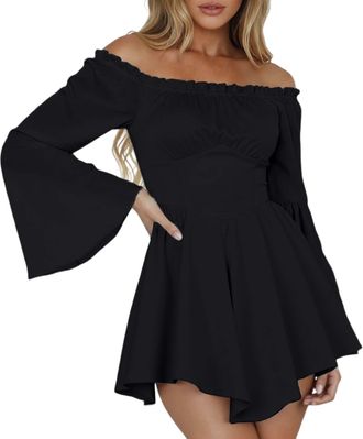 Generic Pirate Costume Women White Dress Corset Mini Dress Puff Sleeve Off Shoulder Corset Romper Dresses Flowy Layered Jumpsuit Playsuits