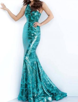 Jovani Siren One-Shoulder Sequin Mermaid Gown In Emerald