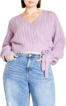 City Chic Vivienne Pointelle Wrap Cardigan Sweater in Purple at Nordstrom