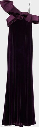 Teri Jon One-Shoulder Ruffle Velvet Gown
