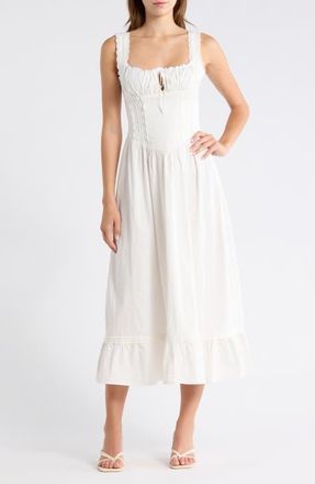 BDG Gabriette Tie Front Lace Trim Maxi Dress in White at Nordstrom, Size X-Small