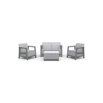 Keter Scandi Linea Lounge Set De Jard&iacute;n De 4 Piezas Con Almohadones - 2 Sillones, Sof&aacute; Para 2 Personas Y Mesa Auxiliar Con Almacenamiento - Efecto Yute - Gr