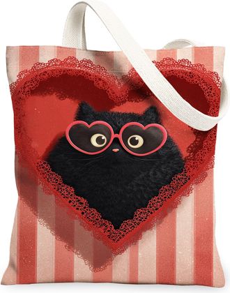 Generic ValentineS Day Cat Canvas Tote Bags, Adorable Heart Pattern Reusable Grocery Bags, Lightweight Washable Shoulder Strap Can, Red, 13x15 Inch