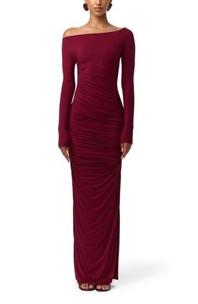 Naked Wardrobe Ruched Off the Shoulder Long Sleeve Maxi Dress in Sangria at Nordstrom, Size X-Large