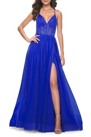 La Femme A-Line Prom Dress with Illusion Ruched Bodice in Royal Blue at Nordstrom, Size 00