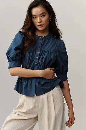 Maeve Puff-Sleeve Buttondown Top