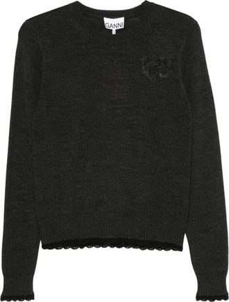 Ganni Wool Cotton Crewneck - Dames - Ronde hals truien - Grijs - S - Katoen - Truien & Vesten