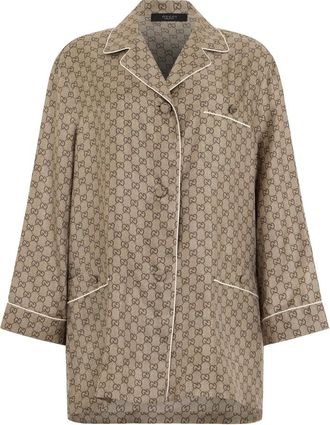 Gucci Overhemden, Dames, Bruin, L, Zijden Twill Blouse met Print