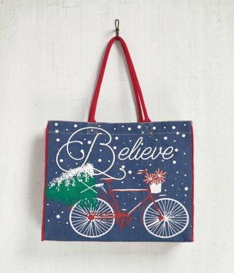 Mona B Womens Believe Burlap Holiday Tote Bag In Blue Multi