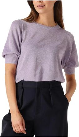 Minus Liva Metallic Gebreide Trui met Pofmouwen - Dames - Ronde hals truien - Paars - S - Linnen - Truien & Vesten