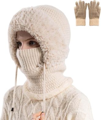 Generic 3 in 1 Beanie Hat with Scarf and Mask, Women Warm Fleece Lined Winter Scarf Mask Set with Pompom(Beige)