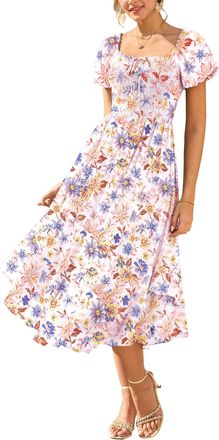 Grace Karin Women Summer Floral Dress Puff Sleeve Square Neck Smocked A-line Maxi Dresses for Women UK Colorful Flowers XXL