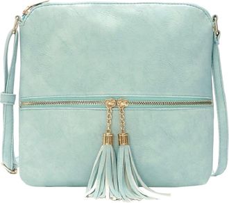 Generic Stylish Womens Leather Messenger Bag Large Capacity Daily Use Adjustable Shoulder Strap Secure Double Zipper Closure Versatile Carry Tassel (Sky Blue,