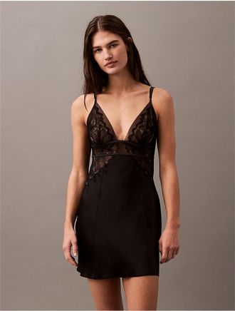 Calvin Klein Womens CK Black Floral Lace Silk Chemise - Black - XS