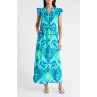 Sugarlips Blissy Tropical Ruffle Midi Dress in Kelly Blue at Nordstrom, Size X-Large
