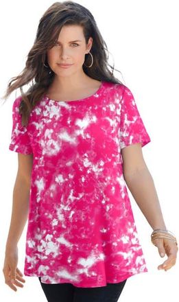 Roaman's Plus Size Ultimate Cotton Crewneck Short Sleeve Swing Tee in Deep Turquoise Tie Dye Floral at Nordstrom, Size 2X
