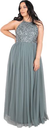 Maya Womens Ladies Bridesmaid Maxi Dress Halter Neck Sequin Embellished Prom Graduation Wedding, Misty Green, 12
