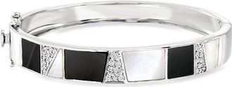 Ross-Simons Onyx, Mother-Of-Pearl and White Topaz Bangle Bracelet in Sterling Silver
