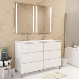 Aurlane Mueble De Ba&ntilde;o 120cm Blanco Lacado 6 Cajones, Lavabo, 2 Espejos 60x80 Con Luz Led Integrada
