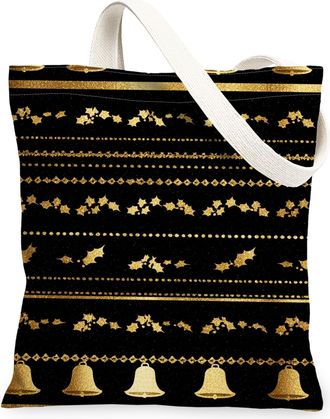 Generic Christmas Holly Canvas Tote Bags, Gold Bell Pattern Reusable Bags, Winter Retro Lightweight Washable Shoulder Strap Canvas, Black, 13x15 Inch