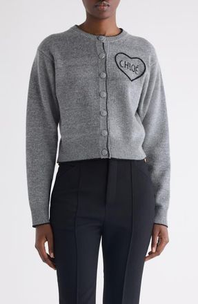 Chlo&eacute; Embroidered Logo Crop Wool & Cashmere Cardigan in Divine Grey at Nordstrom, Size Medium