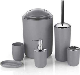 OEM Juego De Ba&ntilde;o De 6 Piezas: Papelera Decorativa, Escobilla De Ba&ntilde;o, Botella De Loci&oacute;n, Portacepillos De Dientes, Jabonera (seis Piezas - Gris)