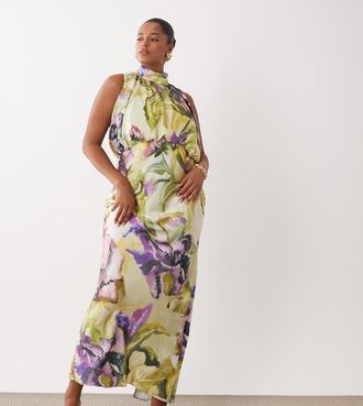 Asos Curve ASOS DESIGN Curve - Vestito lungo sblusato allacciato al collo in raso con stampa floreale effetto dipinto-Multi