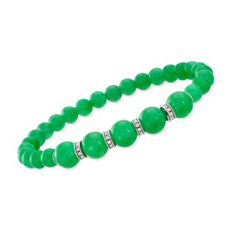 Ross-Simons 6-8mm Jade Bead and. Diamond Stretch Bracelet With Sterling Silver