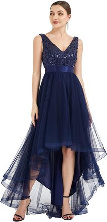 Ever-pretty Womens Sleeveless High-Low V-Neck Tulle Sequins Long Asymmetric Evening Gowns Navy Blue 14UK