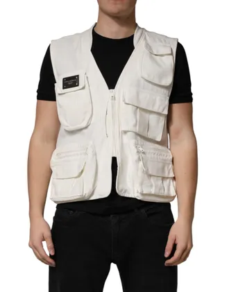Dolce & Gabbana White Cotton Cargo Men Vest Coat Mens Jacket (Pre-Owned)