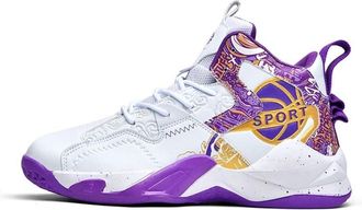 Generic Mens High Top Basketball Shoes with Cushioned Rebounding Durable Leather for Youth Sports Training Boots Walking Shoes(White Purple,8.5 UK)