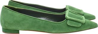 Manolo Blahnik Maysale Point-Toe Flats in Green Suede
