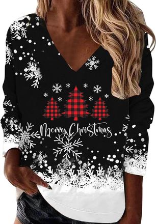 Generic Christmas Jumpers For Women Funny V Neck Sweatshirts Long Sleeve T-Shirts Xmas Snowflake Graphic Shirts Tunic Tops Casual Loose Fit Festive Holiday Pu